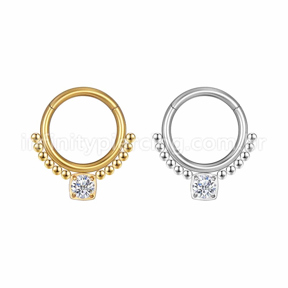 Piercing Argola Aço Cirúrgico Segmento Articulado Bolinhas Zircônia Quadrada Cravejada